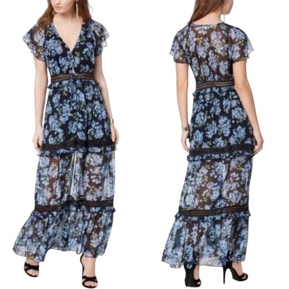 Disney Princess Mulan Cosplay Maxi Dress Blue Floral Ruffle Tier Crochet Flowy M - Picture 1 of 15